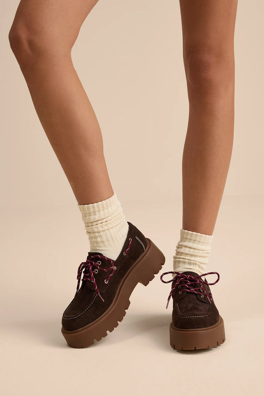 black-Dark Brown Suede Lace-Up Platform Loafers
